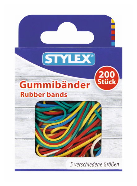 STYLEX® Gummibänder 31322 in 5 verschiedene Größen, 1 Packung = 200 Stück, farbig sortiert