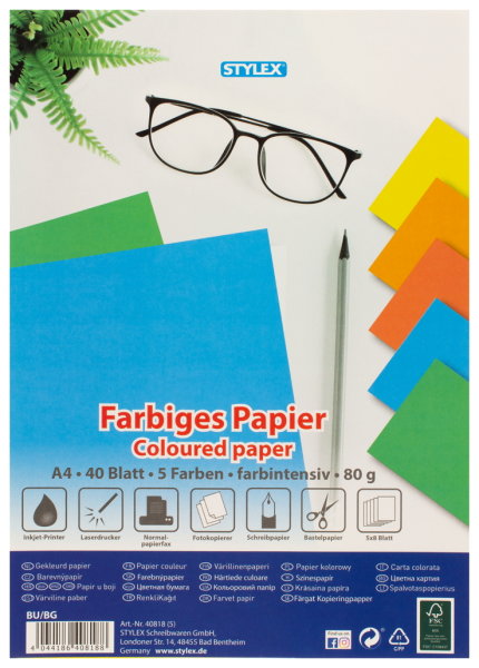 STYLEX® farbiges Kopierpapier DIN A4, 80 g/m², 1 Packung = 5 x 8 = 40 Blatt, 5-farbig