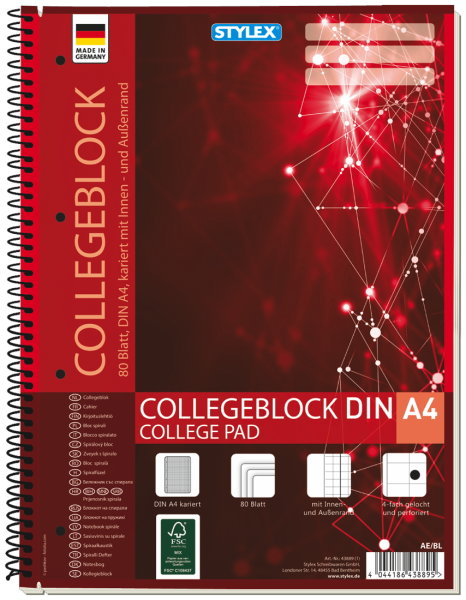 STYLEX® Collegeblock 43889, DIN A4, kariert, 1 Block = 80 Blatt