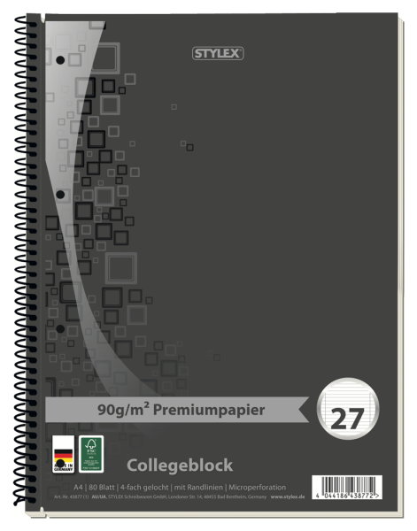 STYLEX® Premium-Collegeblock 43877, DIN A4, liniert, 1 Block = 80 Blatt
