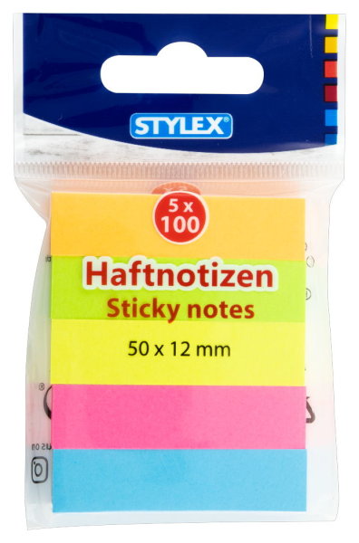 STYLEX® Haftnotizen 31270, Maße: 50 x 12 mm, 5 x 100 Blatt, farbig sortiert