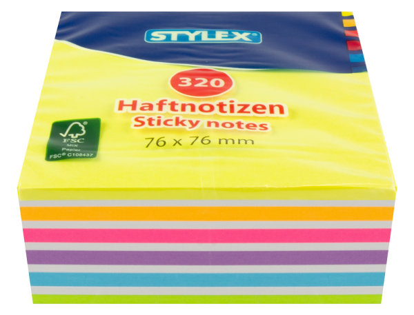 STYLEX® Neon-Haftnotizen, Maße: 76 x 76 mm, 320 Blatt, farbig sortiert