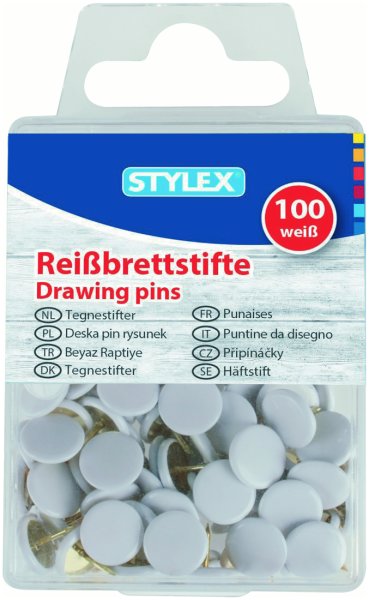 STYLEX® Reißbrettstifte Reißzwecken 24465, weiß, 1 Packung = 100 Stück