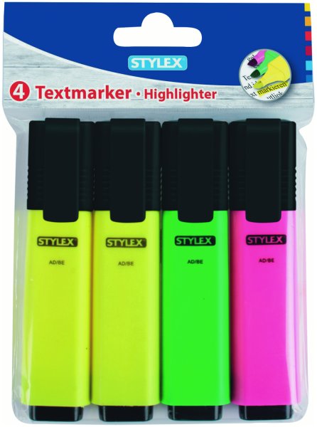 STYLEX® Textmarker, mit Clip, farbig, sorftiert, 1 Packung = 4 Stück