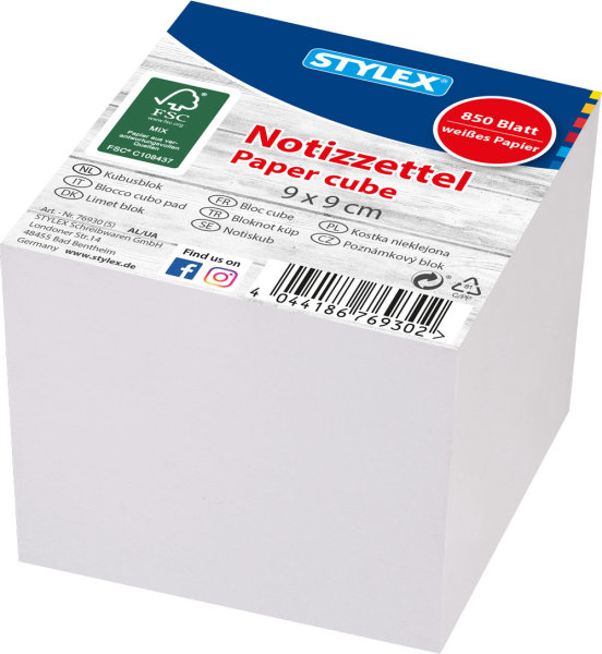 STYLEX® Notizwürfel Zettelklotz 43607, 9 x 9 x 9 cm, ca. 1000 Blatt
