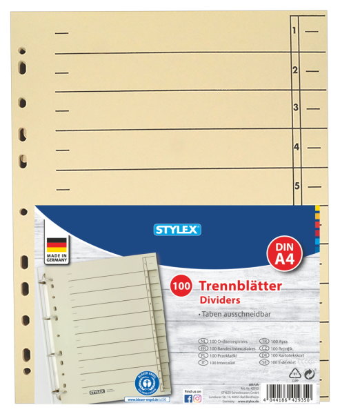 STYLEX® Ordner-Trennblätter, DIN A4, 1 Beutel = 100 Stück
