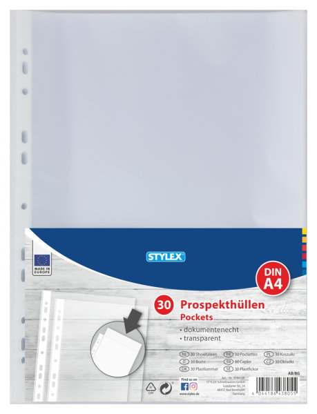 STYLEX® Prospekthüllen, A4, genarbt, 30 Stück